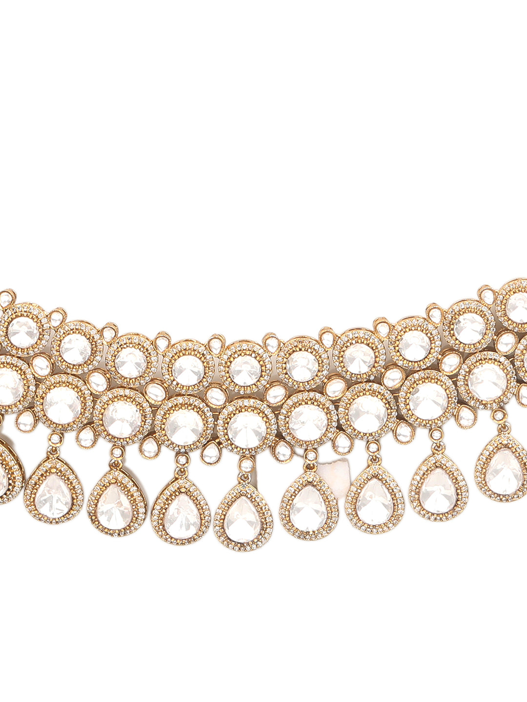 Gold-plated Kundan choker necklace set with teardrop stones and matching earrings for bridal and wedding wear