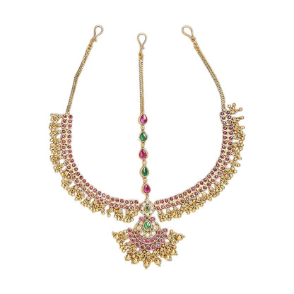 Traditional gold-plated Matha Patti with pink and green Kemp stones and matching maang tikka, perfect for bridal and festive wear.