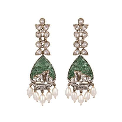Luxury gold-plated teardrop earrings with emerald green stones, sparkling American diamonds, and pearl drop danglers for women.