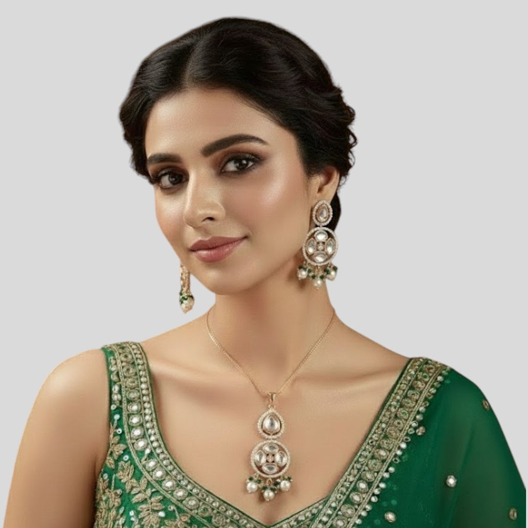 Traditional Kundan-Style Necklace & Earrings Set with Pearl and Green Bead Drops