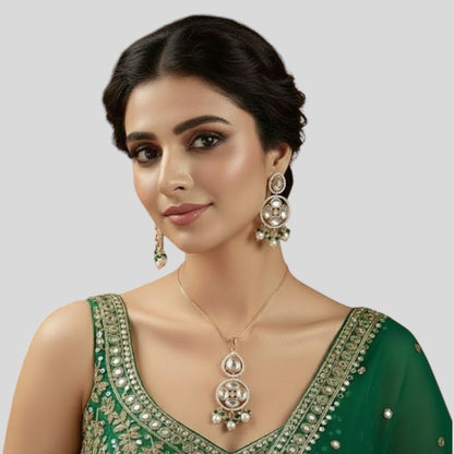 Traditional Kundan-Style Necklace & Earrings Set with Pearl and Green Bead Drops