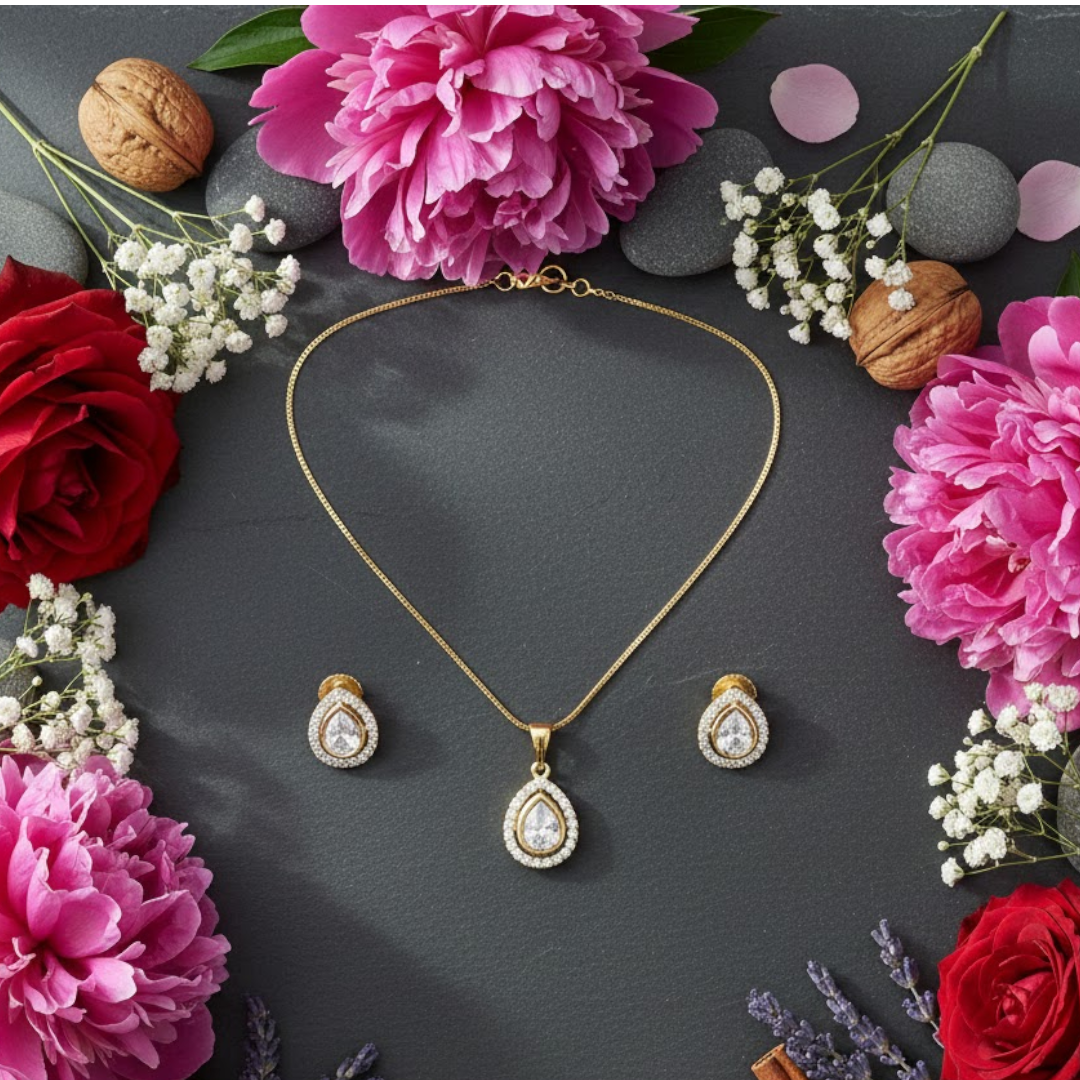 Gold-Plated Teardrop Crystal Pendant Necklace Set with Matching Earrings for Women