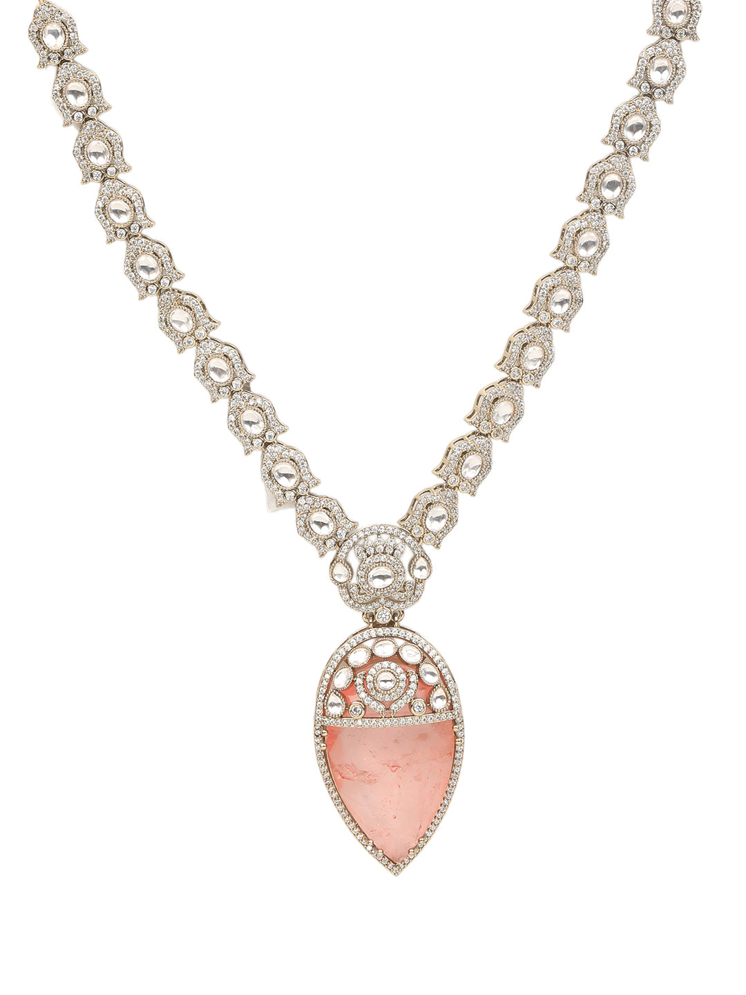 Gold-plated necklace set with peach teardrop pendant and matching statement earrings for bridal and festive wear