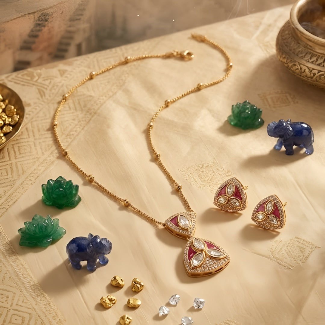 Gold Plated Pink Kundan Pendant Necklace Set with Matching Stud Earrings for Women Traditional Ethnic Jewelry