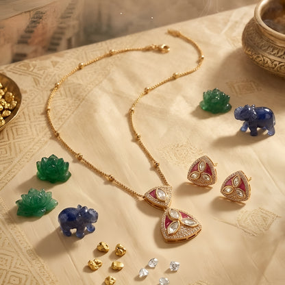 Gold Plated Pink Kundan Pendant Necklace Set with Matching Stud Earrings for Women Traditional Ethnic Jewelry