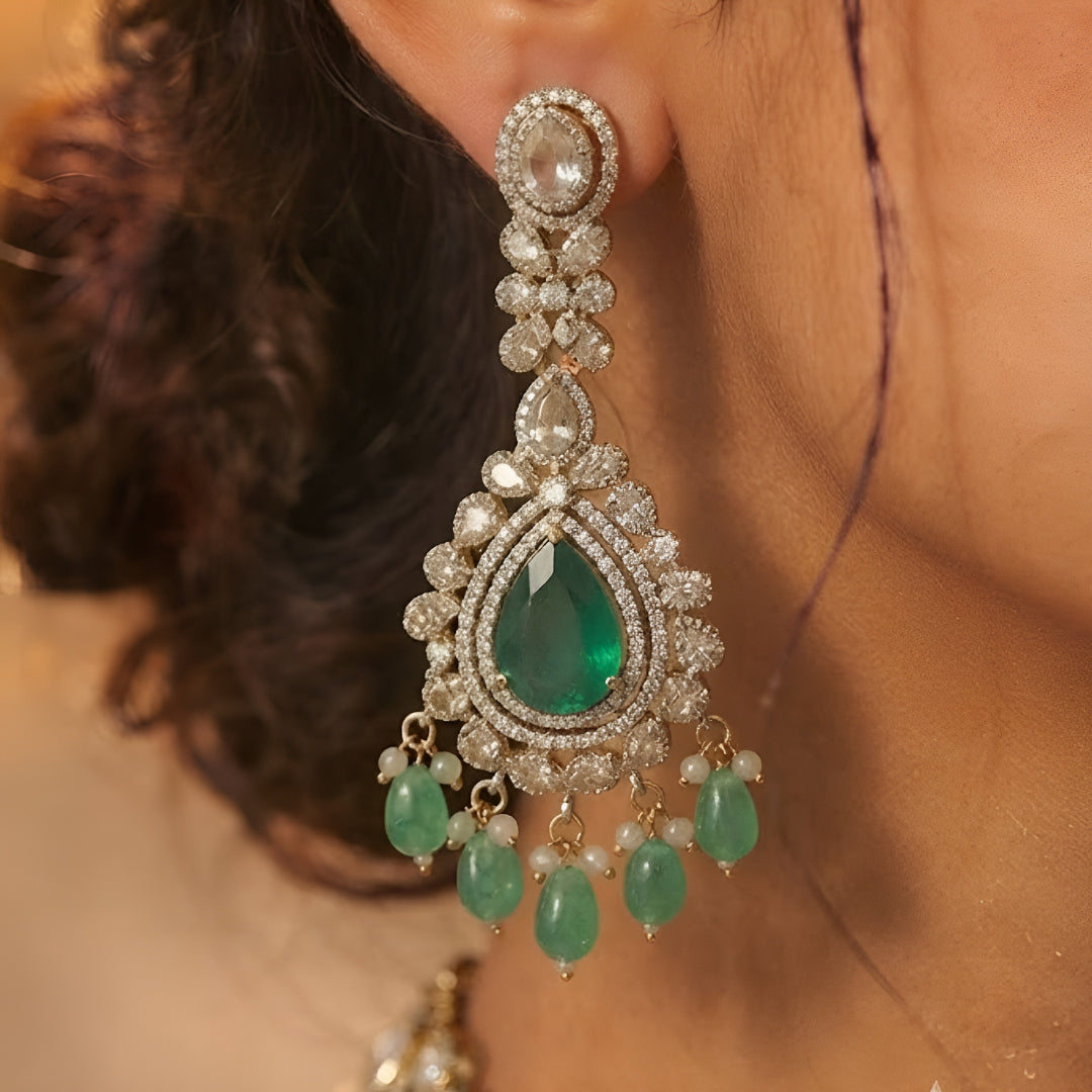 Luxury green Kundan bridal choker necklace set with matching earrings featuring white Kundan stones, green teardrop gemstones, and pearl bead detailing.