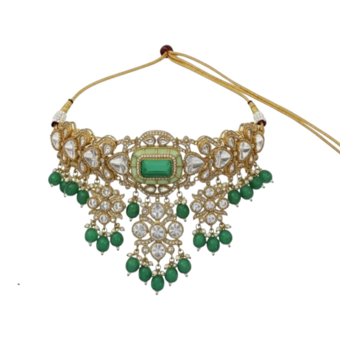 "Gold-plated kundan choker necklace set with green beads and matching earrings – traditional Indian jewelry for women"