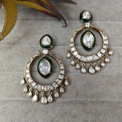 Kundan Mehandi Polish Circular Earrings with Crystal Drops
