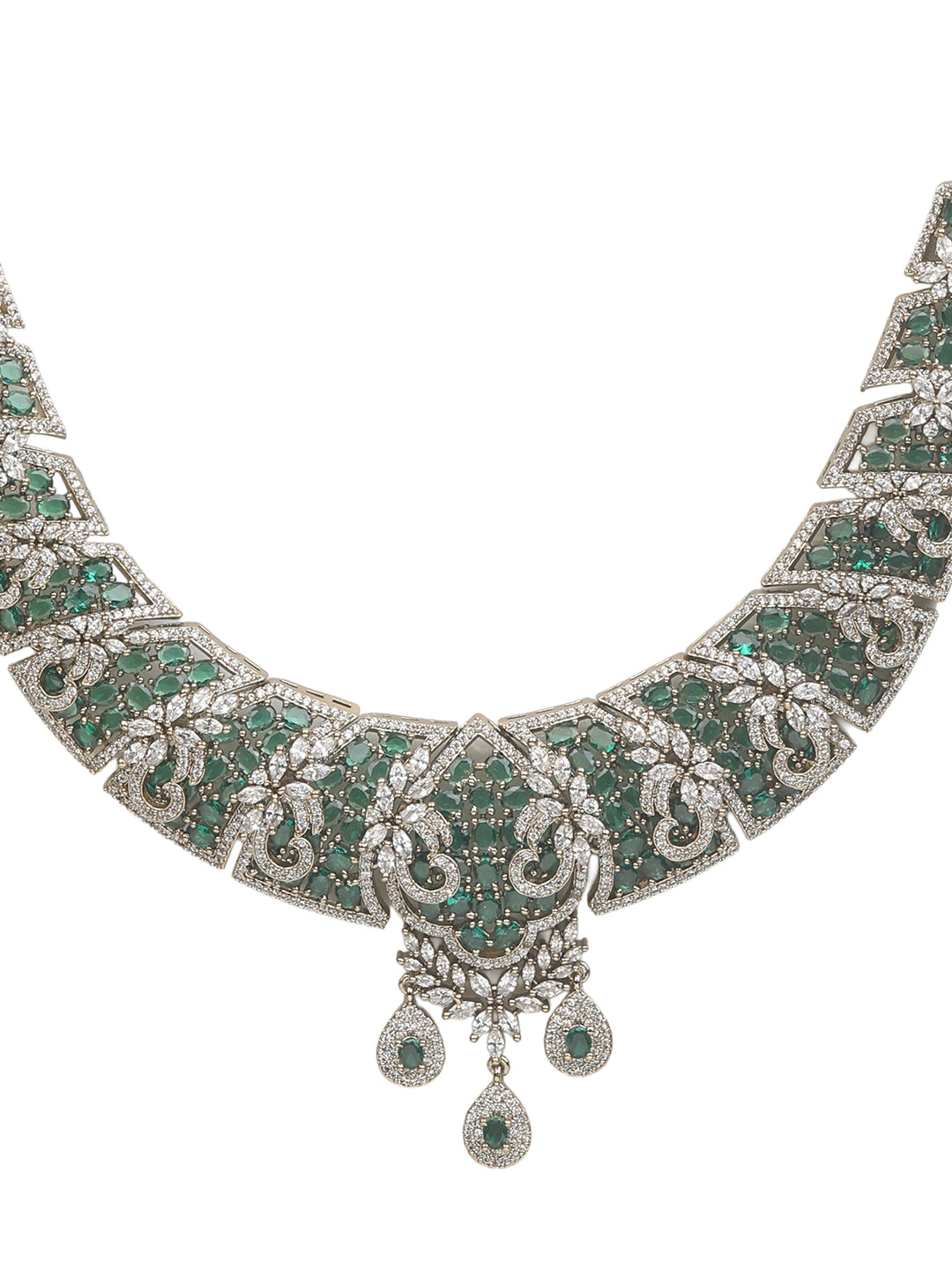 Emerald and diamond statement necklace set with matching drop earrings in gold finish