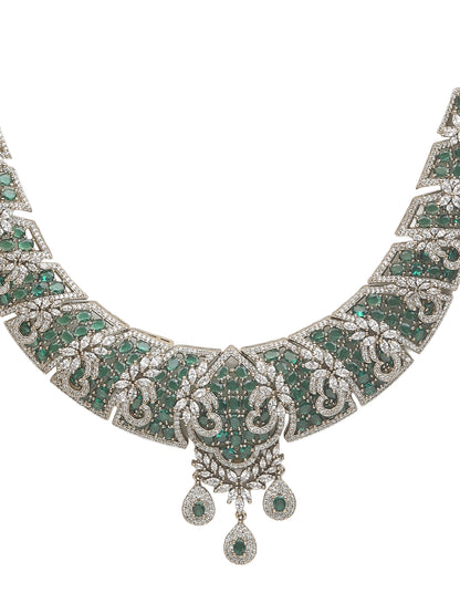 Emerald and diamond statement necklace set with matching drop earrings in gold finish