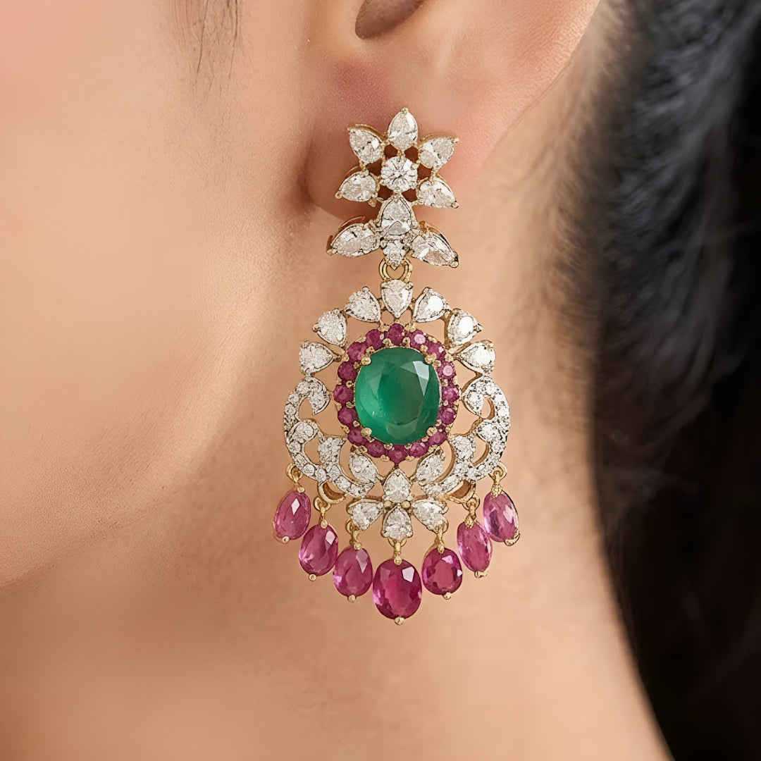 Luxury emerald green kundan choker necklace set with sparkling polki stones, ruby pink accents, and matching chandelier earrings for bridal and wedding wear.