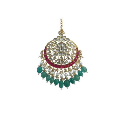 Gold Polki Chandelier Earrings with Red and Green Beads, Traditional Indian Wedding Jewelry