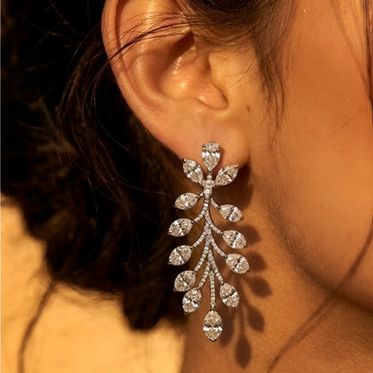 Elegant leaf design diamond necklace set with matching earrings in white gold finish, luxury bridal jewelry for weddings and special occasions.