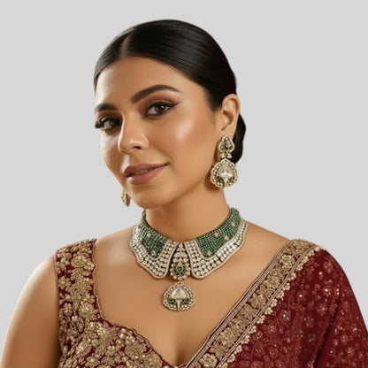 Royal Green Kundan Bridal Necklace Set with Polki Stones & Matching Earrings