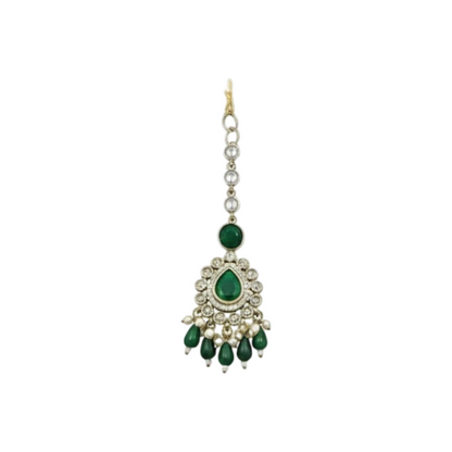 “Green Kundan Polki Bridal Necklace Set with Earrings and Maang Tikka – Gold Plated Wedding Jewelry”