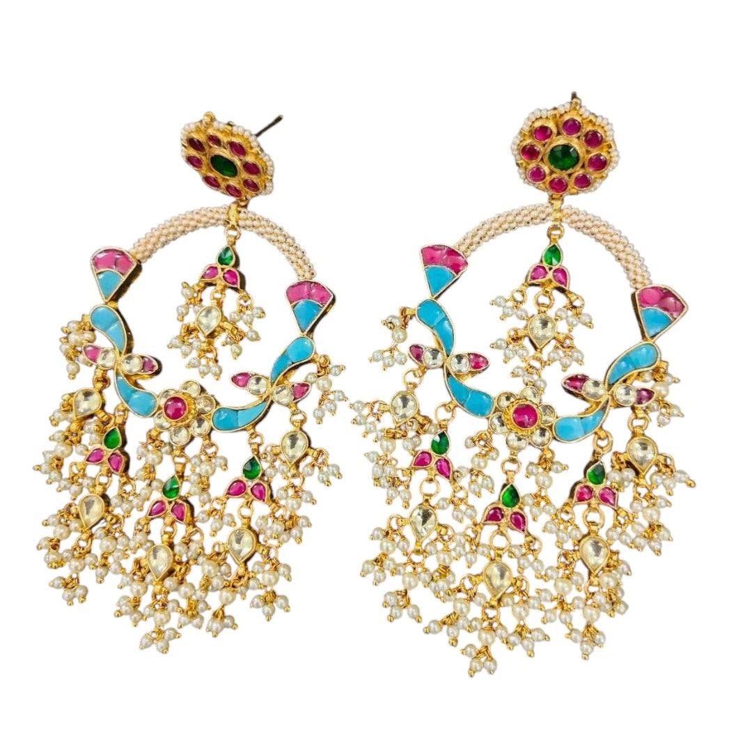 Gold-Plated Multi-Color Meenakari Statement Chandbali Earrings with Pearl Drops