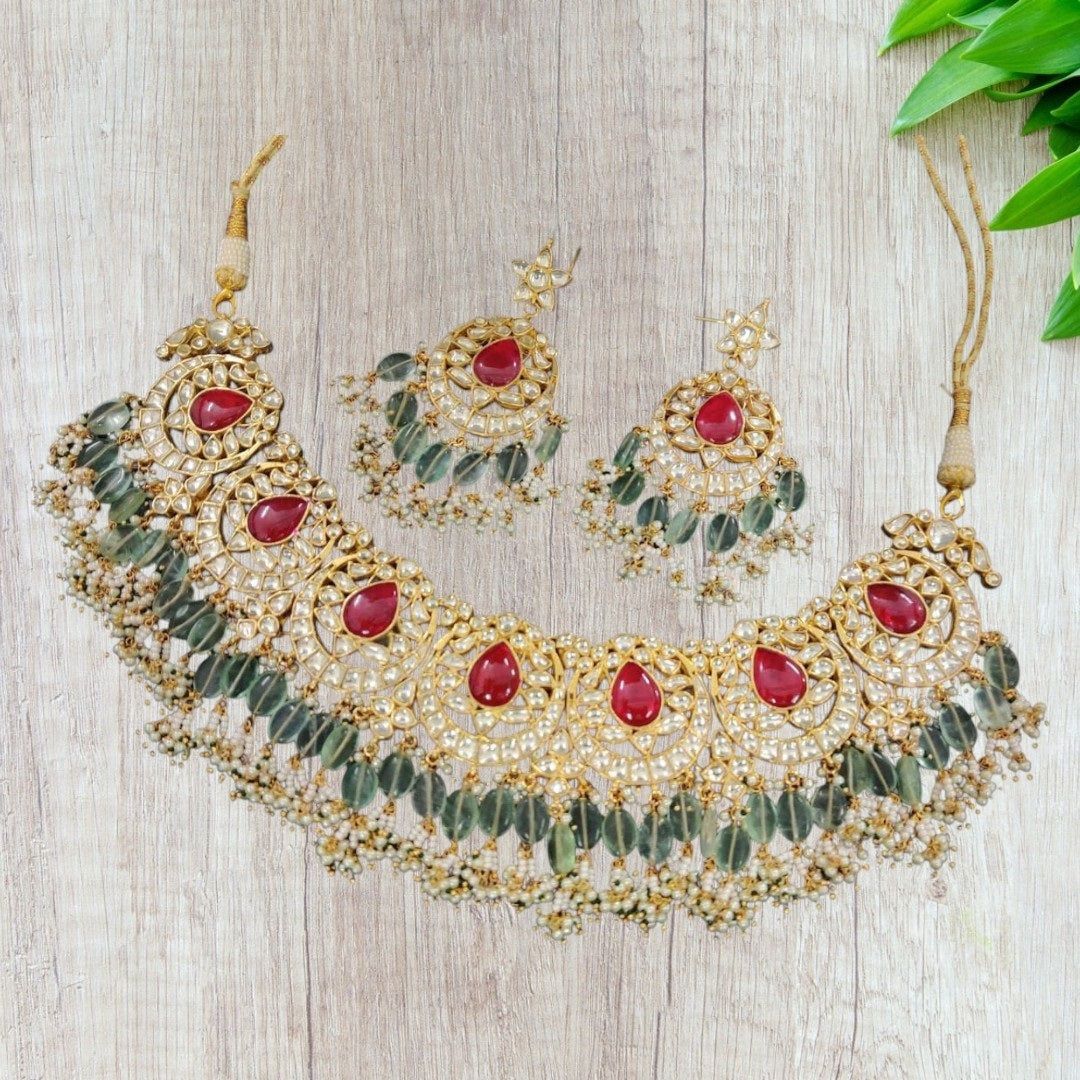 Designer Kundan & Ruby Stone Choker Necklace Set with Green Beads & Earrings