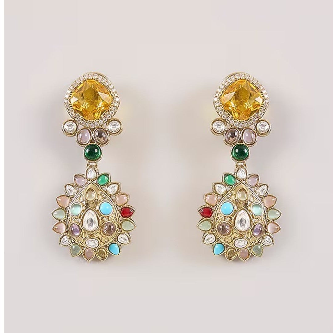 Gold-plated multicolor Kundan drop earrings with yellow crystal stone and pastel gemstone detailing for women