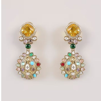 Gold-plated multicolor Kundan drop earrings with yellow crystal stone and pastel gemstone detailing for women