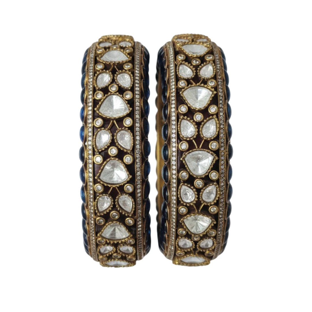 Black and white Kundan studded gold plated handcrafted bridal bangles for women