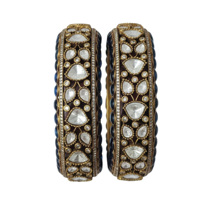 Black and white Kundan studded gold plated handcrafted bridal bangles for women