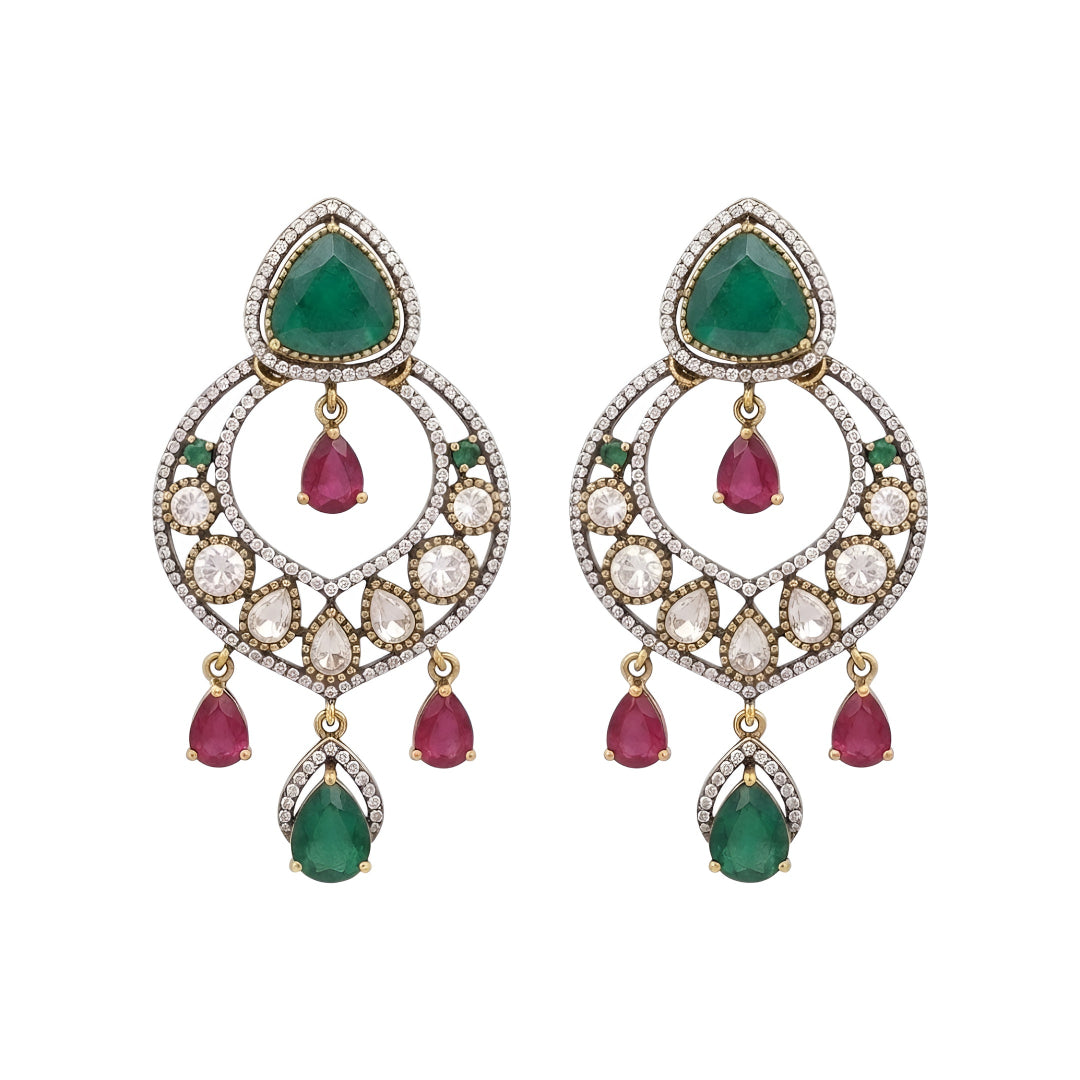 Luxury gold-plated statement earrings with emerald green teardrop stones, ruby drop accents, and sparkling American diamonds for women.