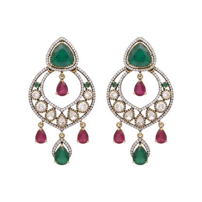 Luxury gold-plated statement earrings with emerald green teardrop stones, ruby drop accents, and sparkling American diamonds for women.