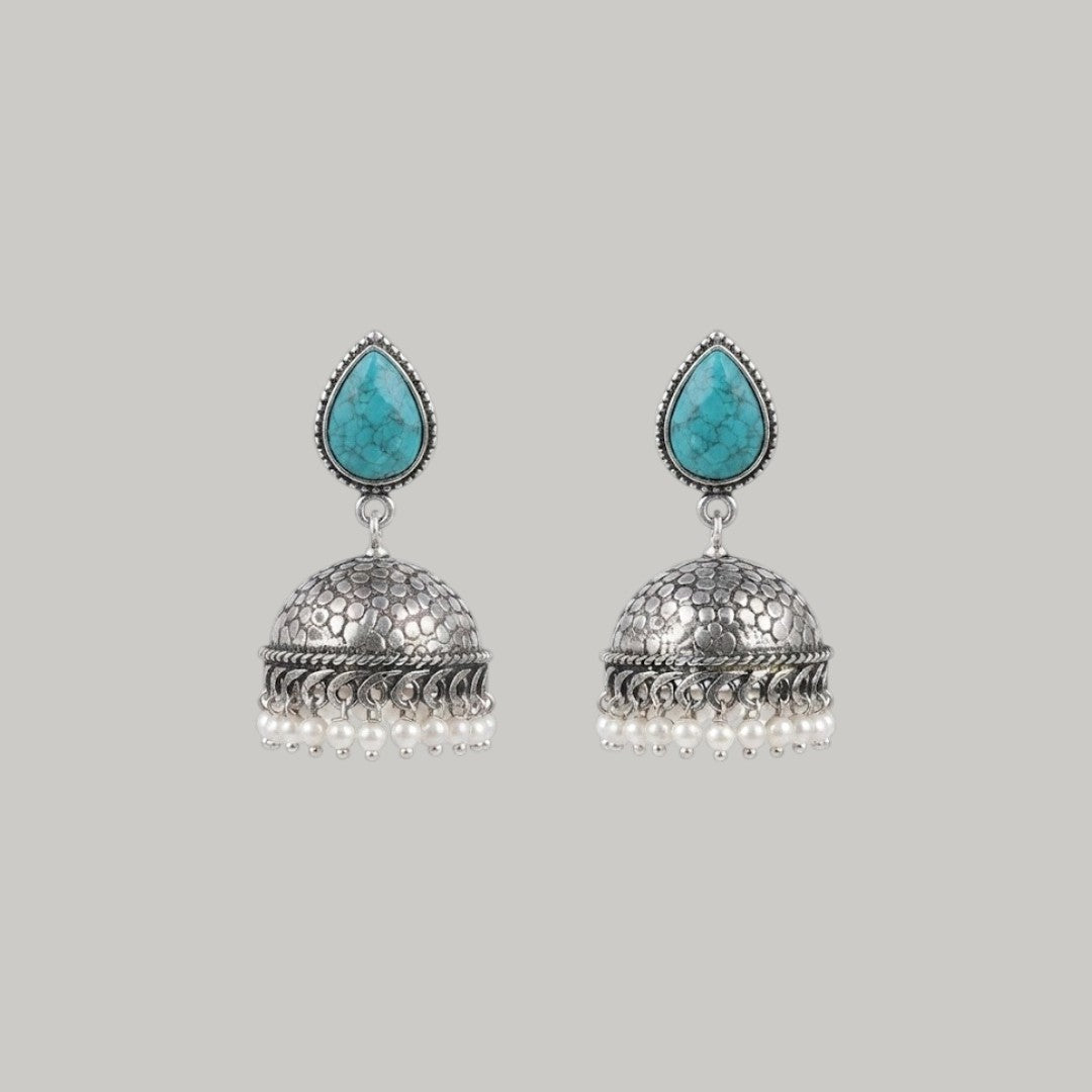 Turquoise Stone Oxidised Silver Jhumka Earrings for Women