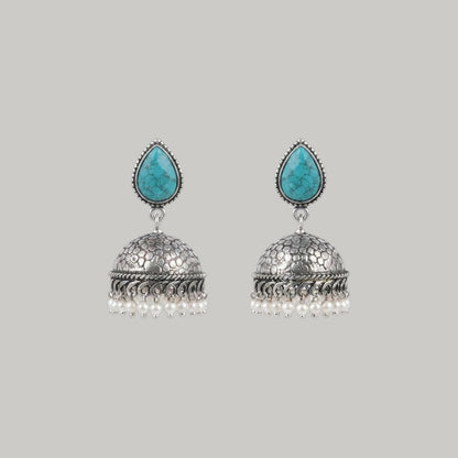 Turquoise Stone Oxidised Silver Jhumka Earrings for Women