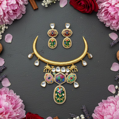 Premium Gold-Plated Enamel Kundan Necklace Set for Women