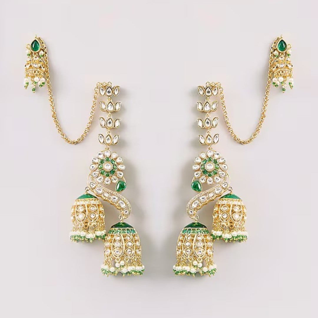 Gold-plated green Kundan peacock jhumka earrings with ear chain and double jhumka drops for bridal wear
