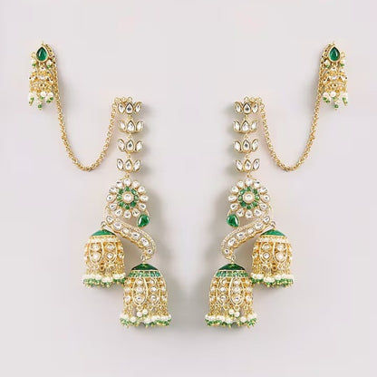Gold-plated green Kundan peacock jhumka earrings with ear chain and double jhumka drops for bridal wear