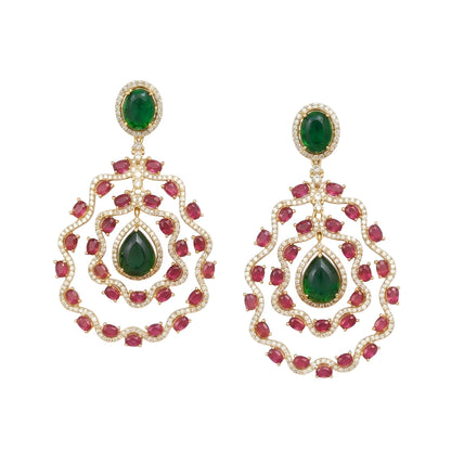 Emerald Green & Ruby Red Stone Designer Earrings for Women | Gold Plated Luxury Bridal Statement Drop Earrings