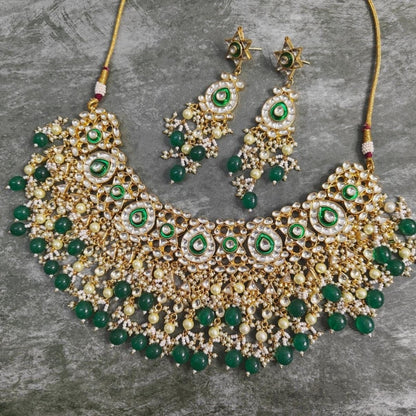 Gold-Plated Kundan Choker Necklace Set with Green Beads & Pearl Drops