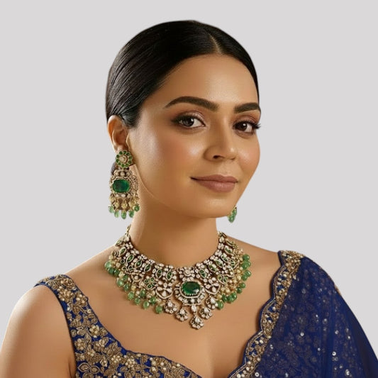 Gold-Plated Green Stone Kundan Choker Necklace Set with Earrings for Women