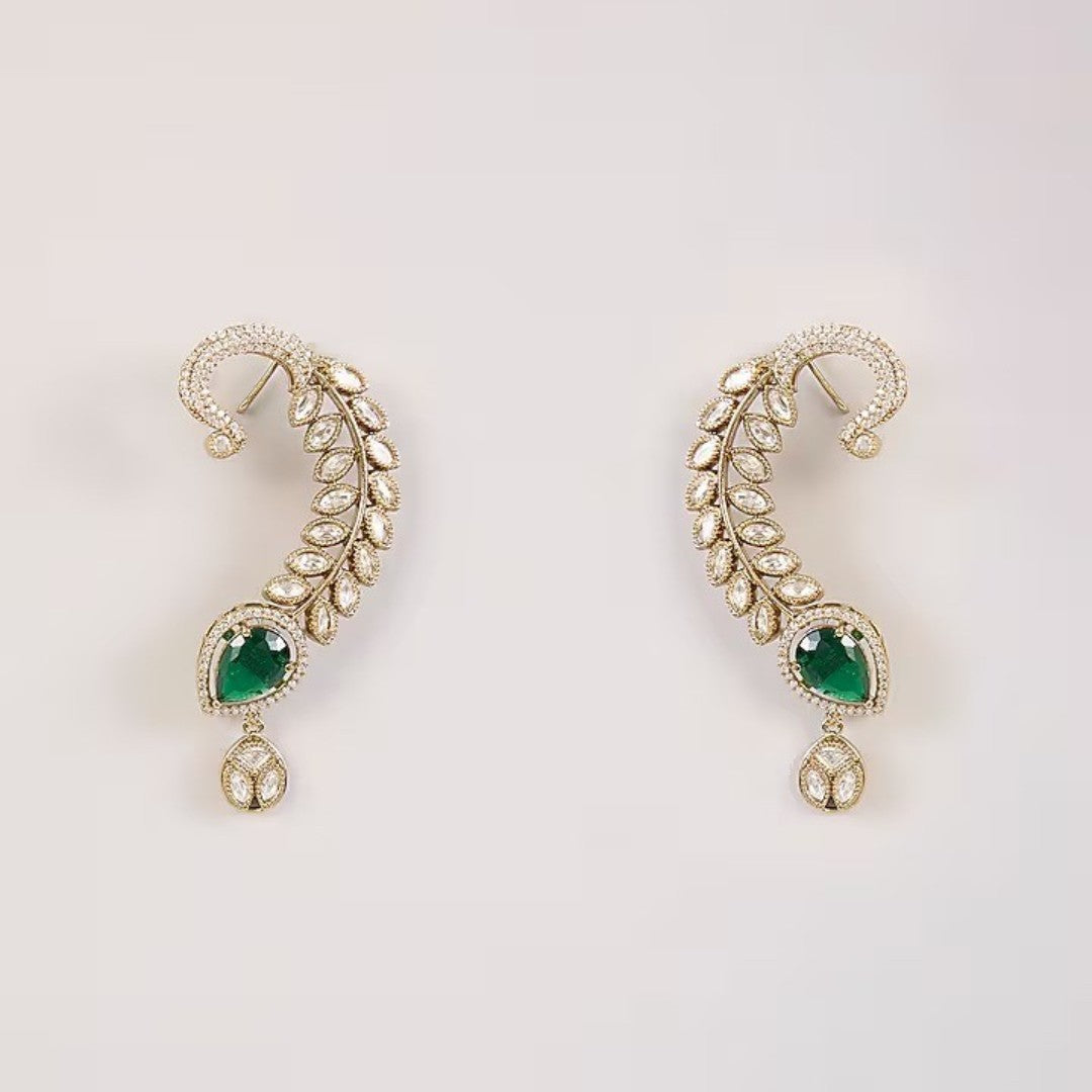 Gold-plated leaf design ear cuff earrings with emerald green teardrop stones and sparkling crystal embellishments for women.
