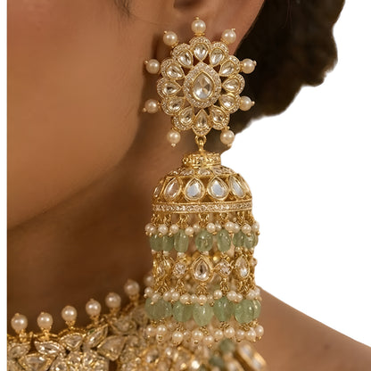 Gold Plated Floral Kundan Choker Necklace Set with Mint Green Beads and Matching Jhumka Earrings for Women Bridal Wedding Jewelry