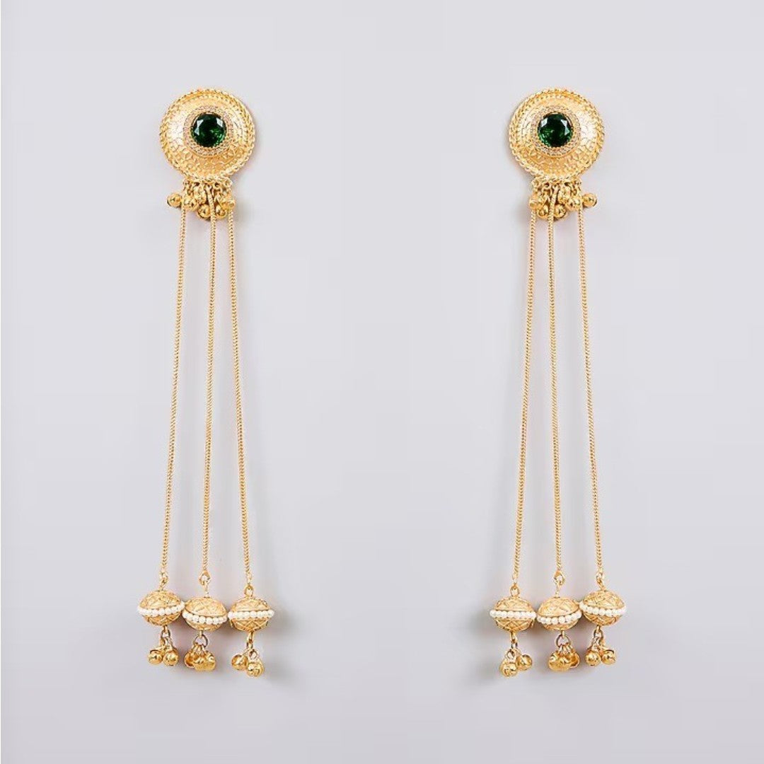 Traditional gold plated long chain tassel earrings with green stone stud and pearl jhumka drops for women, ideal for bridal, wedding, festive, and ethnic wear.