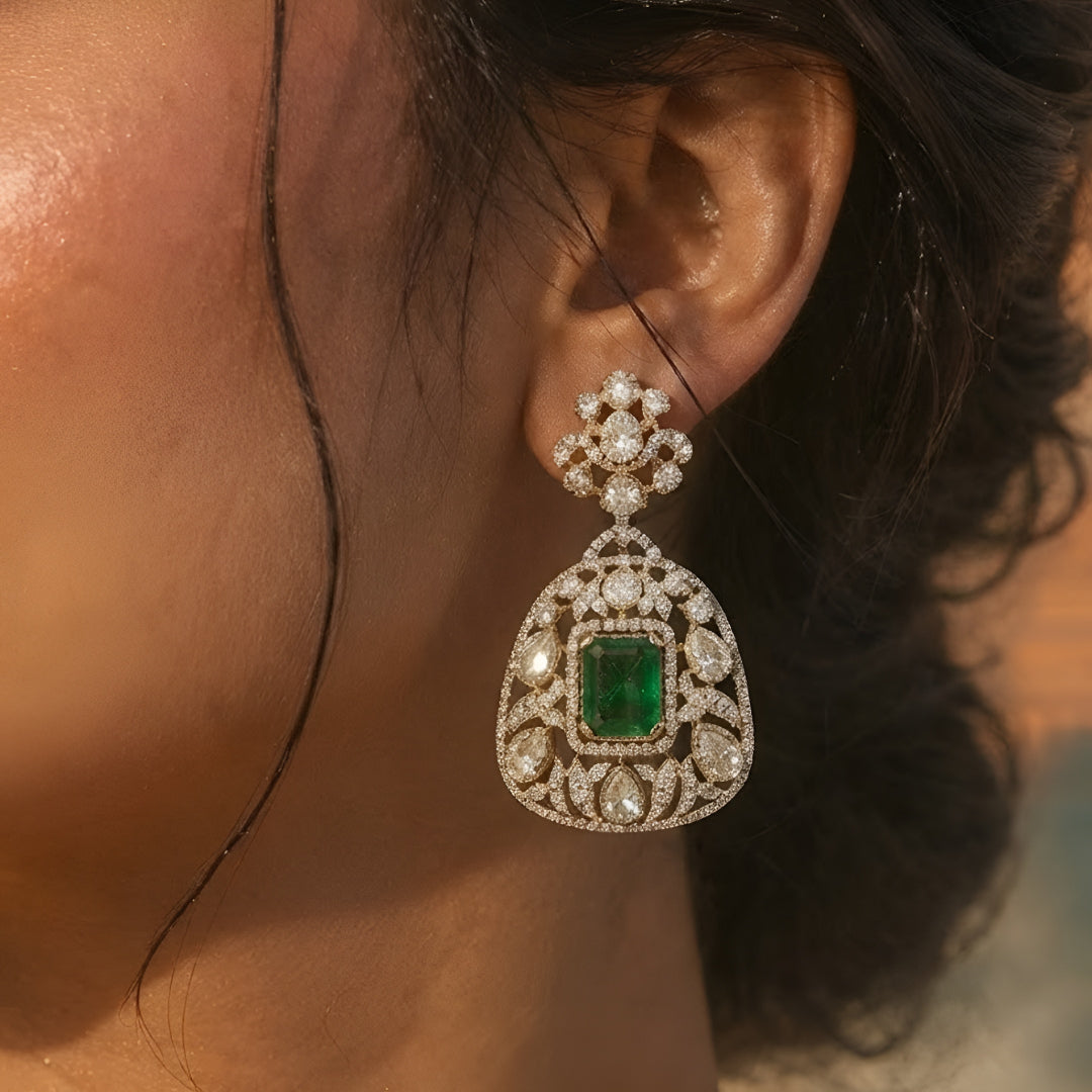 Luxury ruby and emerald CZ statement necklace set with matching earrings in gold plating, perfect for bridal, wedding, festive, and party wear.