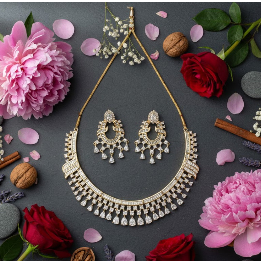 Gold-Plated Crystal Stone Bridal Necklace Set with Matching Earrings for Women