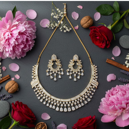 Gold-Plated Crystal Stone Bridal Necklace Set with Matching Earrings for Women