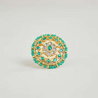 Handcrafted Green Kundan Statement Ring with Pearls