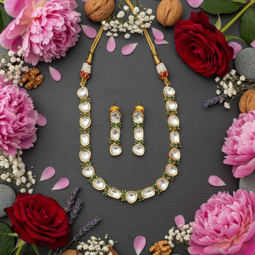 Gold-Plated Kundan Necklace Set with Earring
