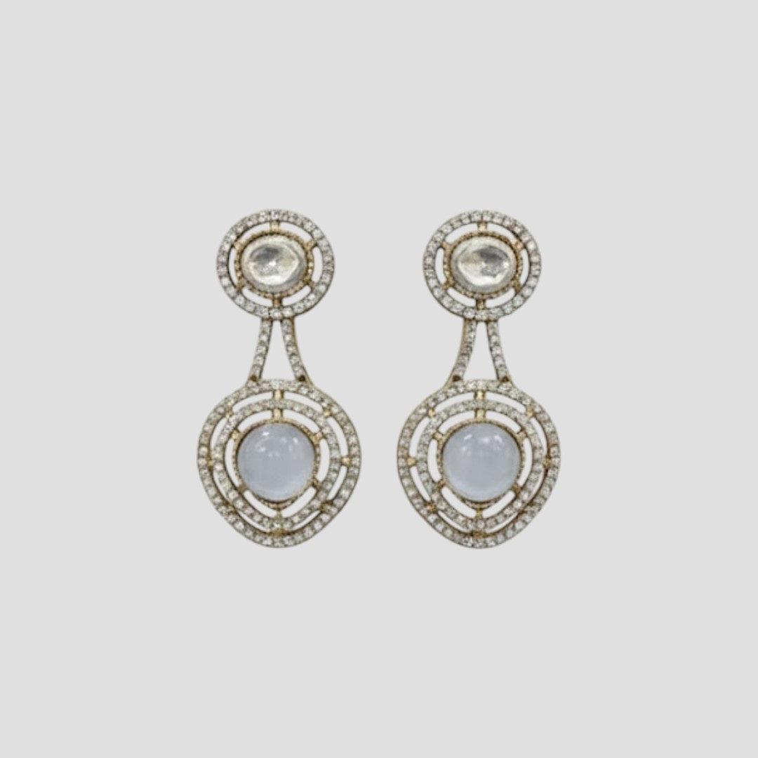 “Gold-plated white stone kundan necklace set with matching earrings for women, bridal and festive wear.”