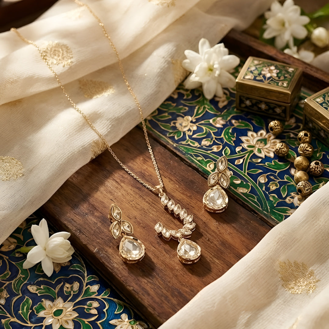 Gold-toned leaf design pendant necklace set with teardrop crystal pendant and matching drop earrings on a white background.