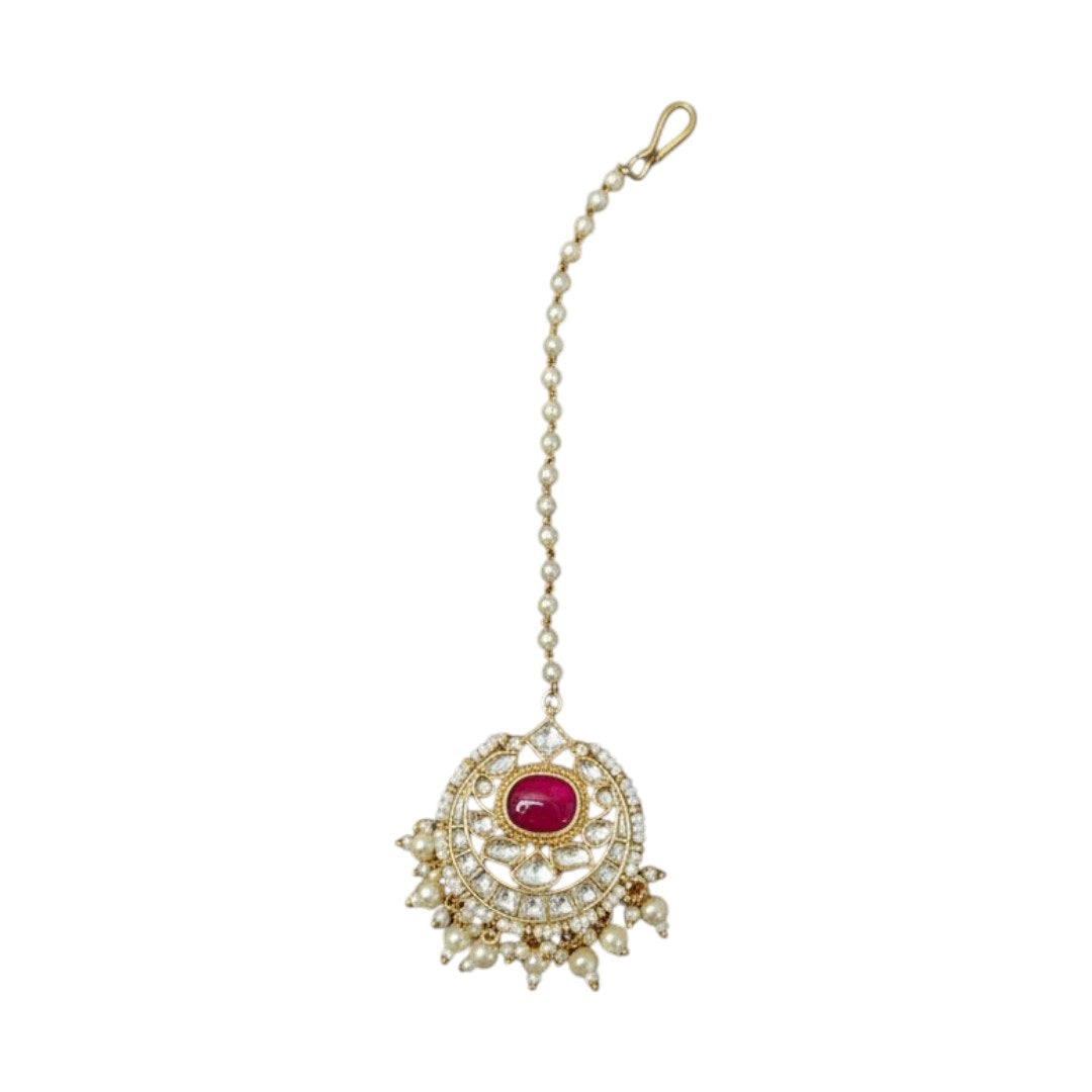 Gold-Plated Kundan Choker Necklace Set with Ruby Red Stones, Pearls & Maang Tikka