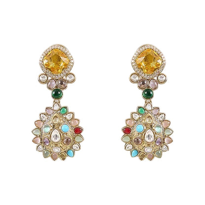 Gold-plated multicolor Kundan drop earrings with yellow crystal stone and pastel gemstone detailing for women