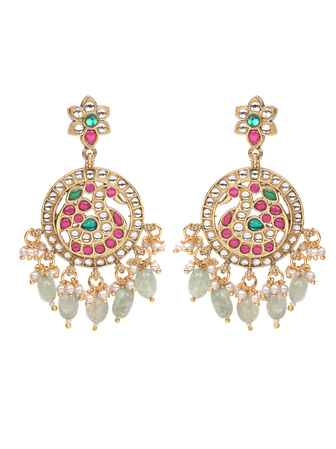 Gold Plated Kundan Necklace Set with Pink & Green Stones and Drop Beads