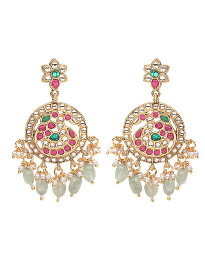 Gold Plated Kundan Necklace Set with Pink & Green Stones and Drop Beads