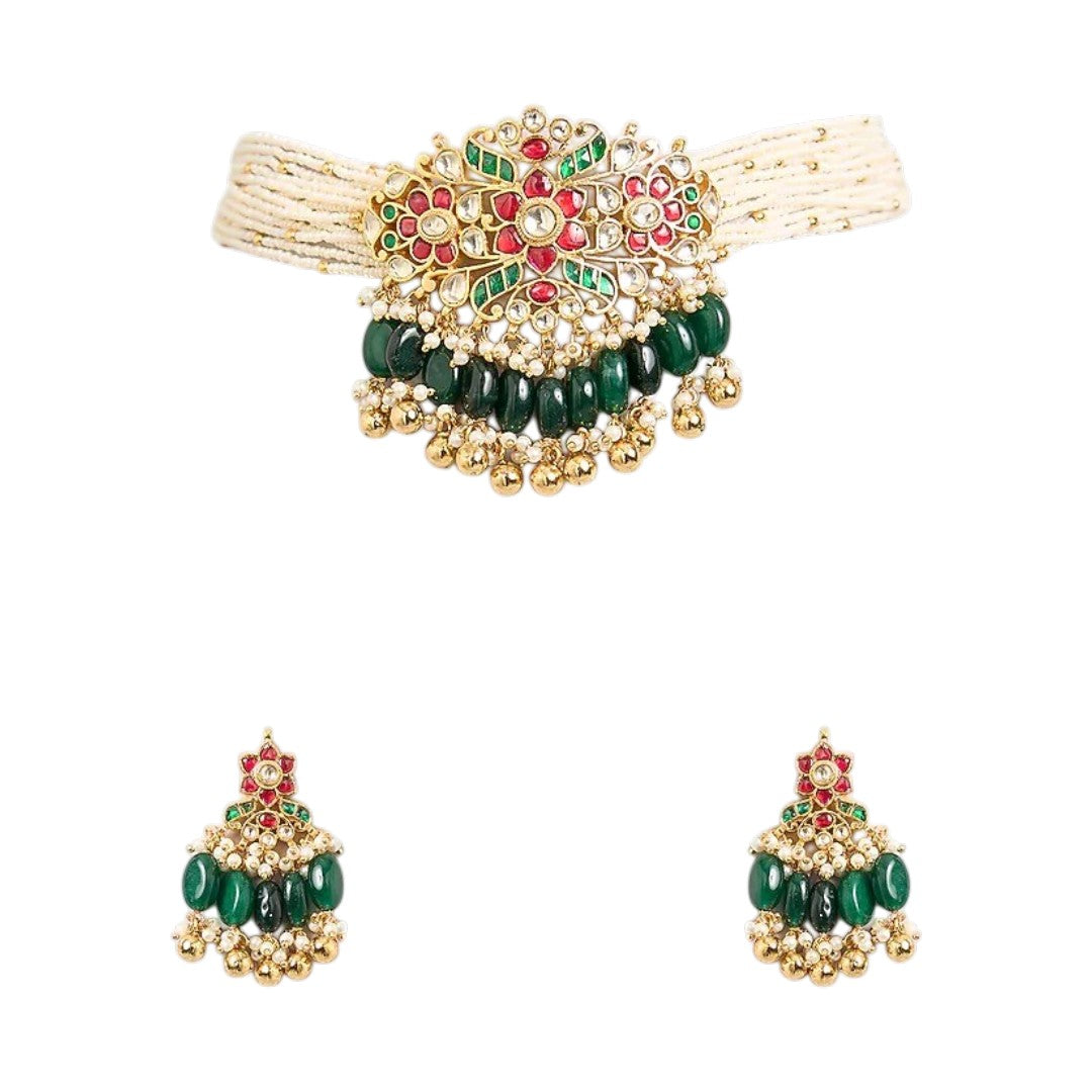 Traditional Kundan pearl choker necklace set with green bead drops and matching earrings in gold-plated finish for bridal and festive wear.